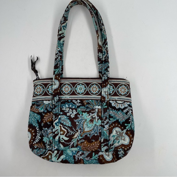 Vera Bradley Handbags - Vera Bradley Brown Blue Floral Abstract Double Handle Handbag - Medium